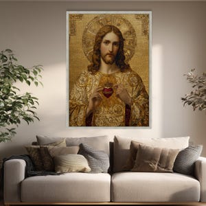 Sacred Heart of Jesus Canvas Art, Gold Mosaic, Christian Home Decor image 5