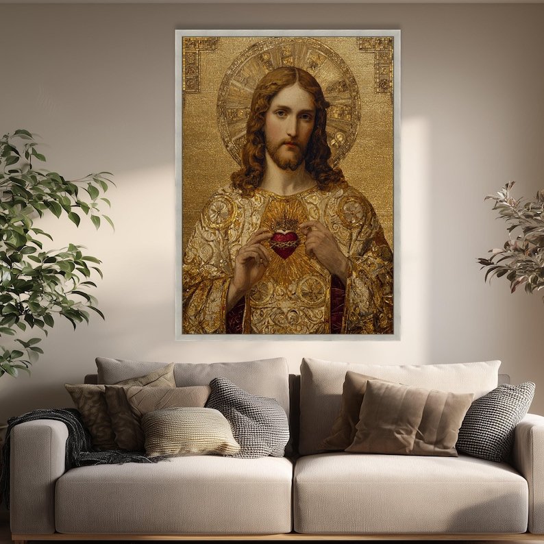 Sacred Heart of Jesus Canvas Art, Gold Mosaic, Christian Home Decor image 5