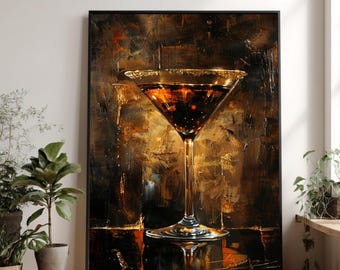Elegant Golden Martini Glass Canvas, Abstract Bar Decor, Luxurious Cocktail Wall Art, Modern Home Bar Canvas, Stylish Drinking Glass Artwork