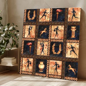 May include: A canvas print featuring a grid of ancient Greek-themed illustrations. The artwork includes images of athletes, torches, laurel wreaths, vases, and horses. The color palette consists of black, gold, and brown tones, creating a classical aesthetic.