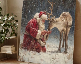 Santa Claus and Reindeer Winter Scene Canvas, Christmas Holiday Wall Art, Snowy Woodland Canvas, Festive Seasonal Decoration
