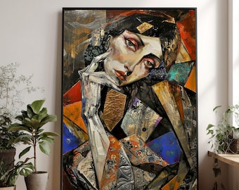 Abstract Woman Portrait Canvas, Modern Cubism Wall Art, Colorful Geometric Female Face, Contemporary Expressionism Canvas Decoration