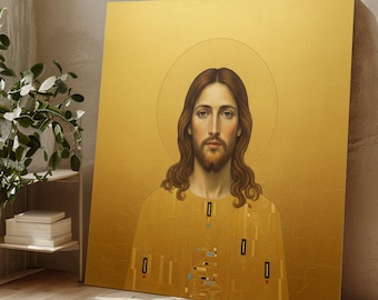 Spirituelle Jesus Porträt Leinwand, goldene religiöse Wandkunst, Klimt heilige Kunst, christliche Hauptdekoration, moderne ikonische Leinwand