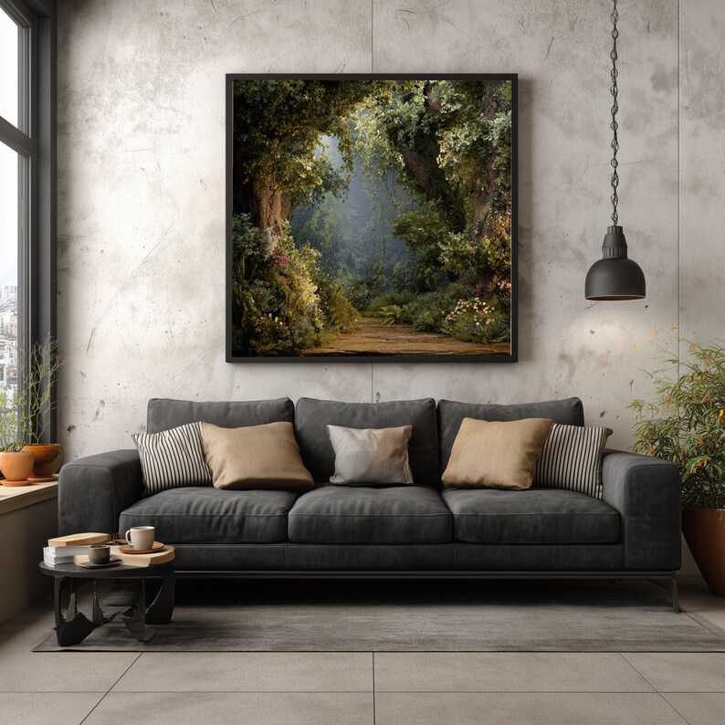 Enchanted Forest Pathway Canvas, Mystical Woodland Wall Art, Nature Landscape Canvas, Greenery Floral Decor, Ready to Hang Home Decoration image 3