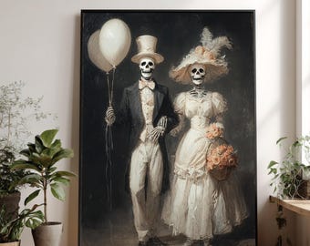 Vintage Skeleton Bride and Groom Canvas, Halloween Wedding Art, Gothic Couple Painting, Dark Romantic Wall Decor, Spooky Home Decoration