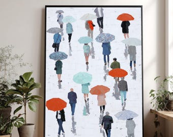 Urban Rainy Day Scene, People with Umbrellas Canvas, Modern City Life Wall Art, Contemporary Painting, Home Décor Canvas Art