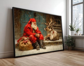 Santa with Reindeer Canvas Wall Art, Vintage Christmas Scene, Holiday Home Decoration, Winter Snow Painting, Festive Canvas Print