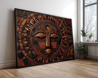 Tribal zonnegezicht canvaskunst, Afrikaans masker woondecoratie