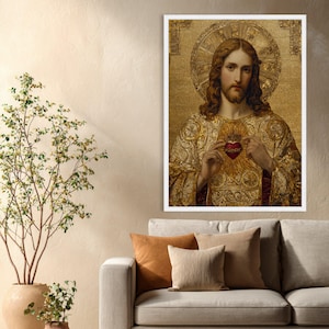 Sacred Heart of Jesus Canvas Art, Gold Mosaic, Christian Home Decor image 3