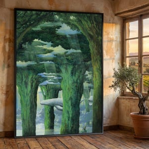 Puede incluir: Impresión artística enmarcada que representa un paisaje surrealista con altos árboles verdes, nubes y una ballena. La obra de arte se exhibe en una habitación con una ventana que ofrece una vista panorámica y un olivo en maceta.