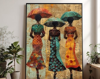 African Women with Umbrellas Canvas, Ethnic Fashion Wall Art
