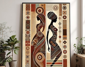 Lienzo con siluetas de mujeres tribales africanas, arte mural con estampado étnico, decoración bohemia para el hogar, lienzo con cultura africana, arte abstracto moderno