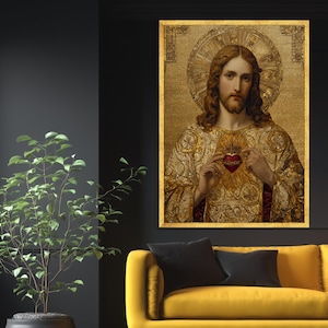 Sacred Heart of Jesus Canvas Art, Gold Mosaic, Christian Home Decor image 2