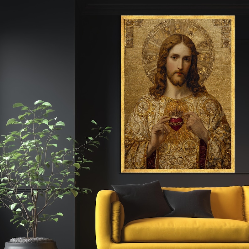Sacred Heart of Jesus Canvas Art, Gold Mosaic, Christian Home Decor image 2