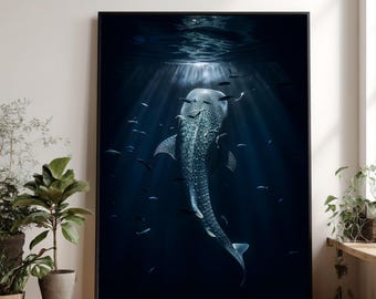 Majestueuze walvishaai canvas, oceaan diepten muurkunst, zeeleven canvas, onderwater zeedieren kunst, diepblauwe zee decoratie