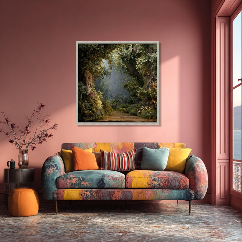 Enchanted Forest Pathway Canvas, Mystical Woodland Wall Art, Nature Landscape Canvas, Greenery Floral Decor, Ready to Hang Home Decoration image 5