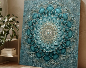 Filigrane Blaugrün Mandala Leinwand, Metallic Wandkunst, Boho Dekorative Leinwand, spirituelle Wohnkultur, Meditationsraum Kunstwerk