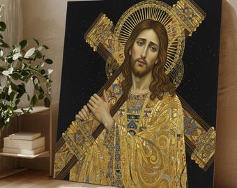 Jesus Carrying Cross Canvas Wall Art, Golden Religious Painting, Christian Iconography Canvas, Spiritual Home Decor, Klimt Style Wall Art