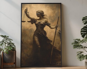 Lady Justice Canvas Wall Art, Blindfolded Woman with Scales and Sword, Legal Symbolism Artwork, Dark Vintage Home Decor, Ready to Hang Wall