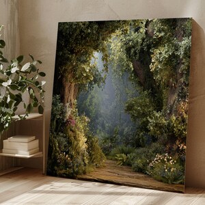 Enchanted Forest Pathway Canvas, Mystical Woodland Wall Art, Nature Landscape Canvas, Greenery Floral Decor, Ready to Hang Home Decoration image 1