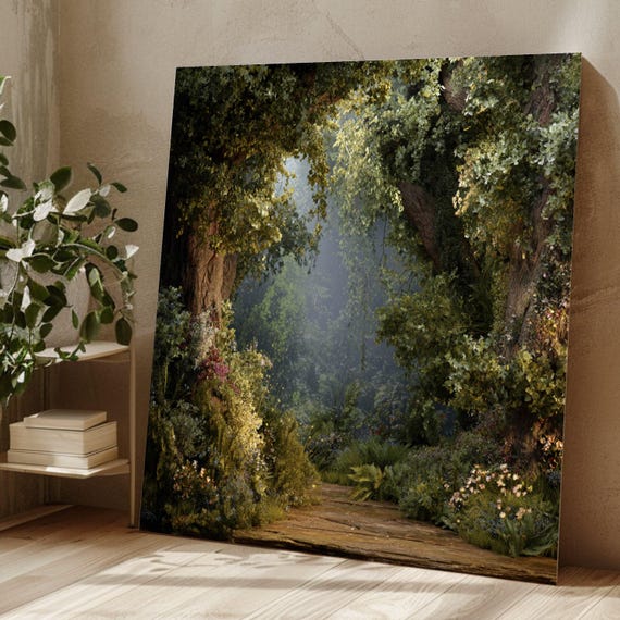 Enchanted Forest Pathway Canvas, Mystical Woodland Wall Art, Nature Landscape Canvas, Greenery Floral Decor, Ready to Hang Home Decoration