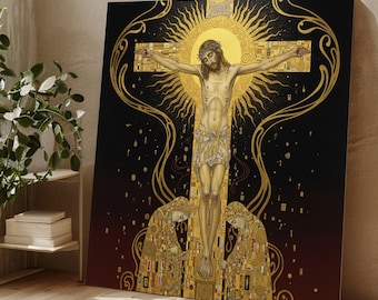 Gustav Klimt Crucifixion Canvas, Religious Wall Art, Golden Christian Artwork, Spiritual Canvas Decor, Home Decoration
