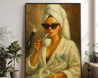Glamorous Woman in Bathrobe Canvas, Retro Style Wall Art, Coffee and Cigarette Painting, Elegant Home Decor, Relaxing Mood Canvas Print
