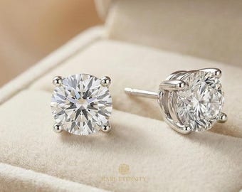 4ct Round Lab Grown Diamond Stud Earrings • 14K Gold Everyday Luxury • Mother's Day Gift