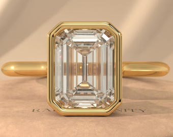 2 Carat Emerald Cut Lab Grown Diamond Bezel Engagement Ring • Modern Bezel Set Solitaire