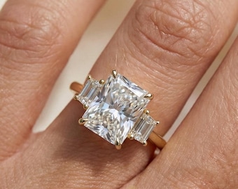 Radiant 3ct Lab Grown Diamond Three Stone Trilogy Ring • Trapezoid Side Stones
