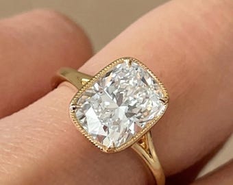 Elongated Cushion Lab Grown Diamond Engagement Ring , Bezel Set Proposal Ring