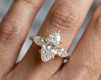 Vintage 14k Gold Marquise Cut Lab Diamond Engagement Ring, IGI Certified