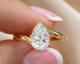 Pear Cut Lab Grown Diamond  Engagement Ring • Bypass Solitaire Ring • IGI Certified