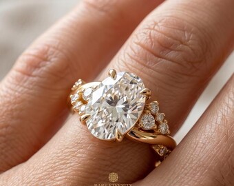 2.90ct Oval Lab Grown diamond Engagement Ring, Nature Inspired Floral Ring, 14K yellow gold