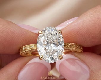 2 Carat Oval Lab Grown Diamond Vintage Engagement Ring • Engraved Ring • 18K Yellow Gold