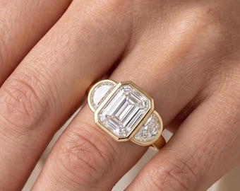 2ct Emerald Cut Art Deco Bezel Engagement Ring, Half Moon Diamond Ring, IGI Certified