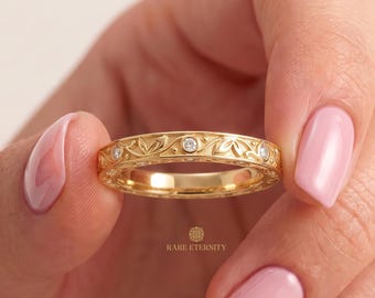 Floral Engraved Wedding Band, Vintage Diamond Wedding Band, Anniversary Ring