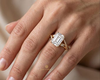 4ct Emerald Cut Lab Grown Diamond Engagement Ring, Nature Inspired Ring, IGI Certified