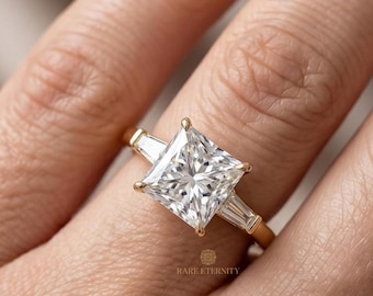2ct Princess Cut Engagement Ring, Three Stone Tapered Baguette Ring, 14K Yellow Gold