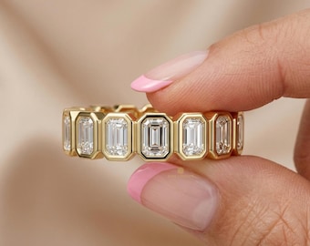 Emerald cut bezel eternity band • Lab grown diamond wedding band • Stackable anniversary ring