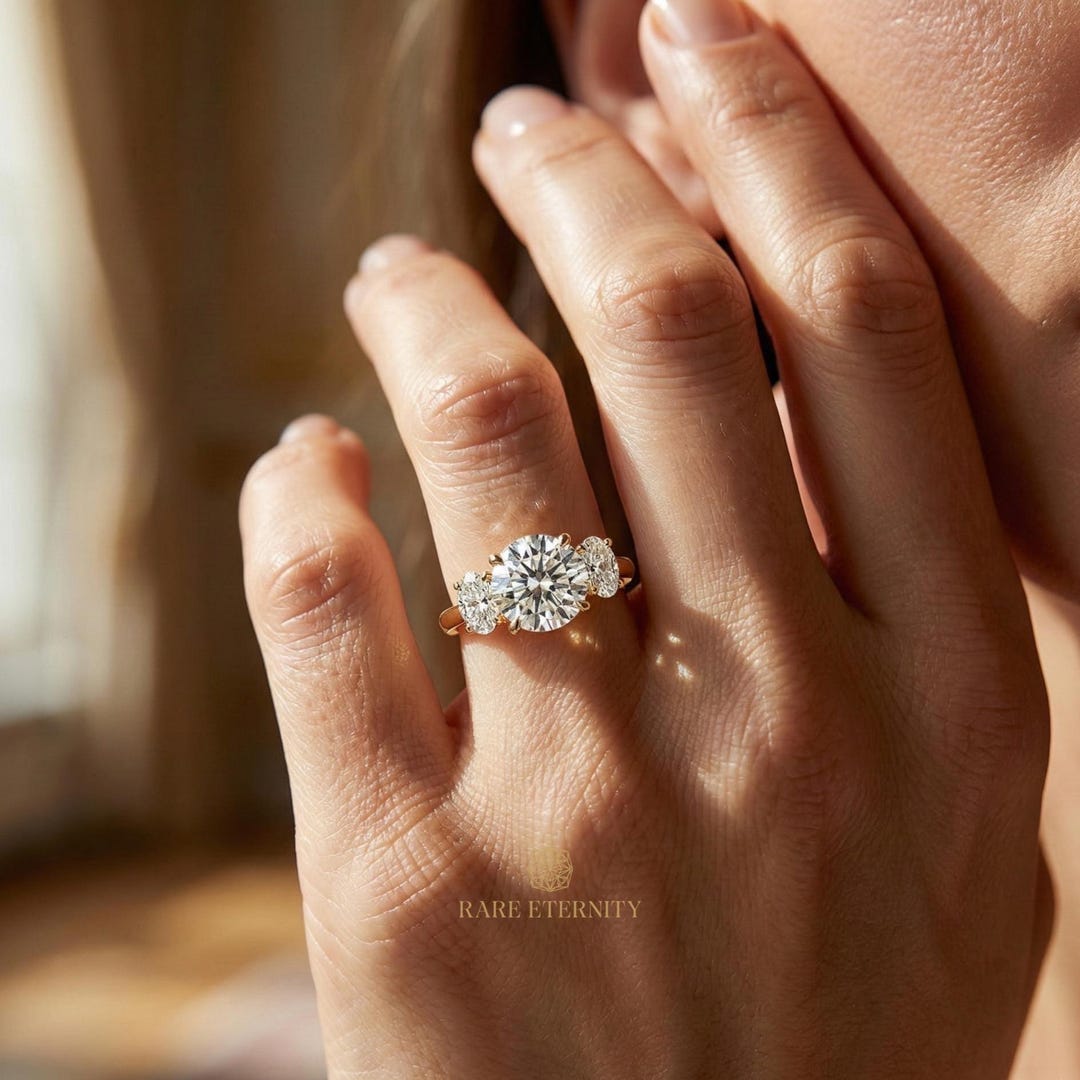 1.15ct Round Lab Grown Diamond Three Stone Engagement Ring • Oval Side ...