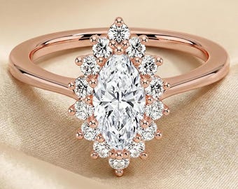 Marquise Sunburst Halo Verlobungsring • 14K Massivgold Labor gewachsener Diamantring