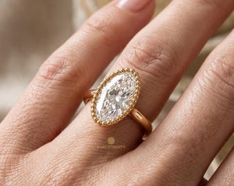 3 Carat Moval Engagement Ring, Lab Grown Diamond Ring, Yellow Gold Milgrain Bezel, Unique Vintage Oval Engagement Ring