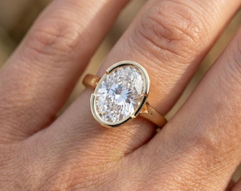 4ct Oval Lab Grown Diamond Split Shank Engagement Ring • Half Bezel Anniversary Ring for Wife