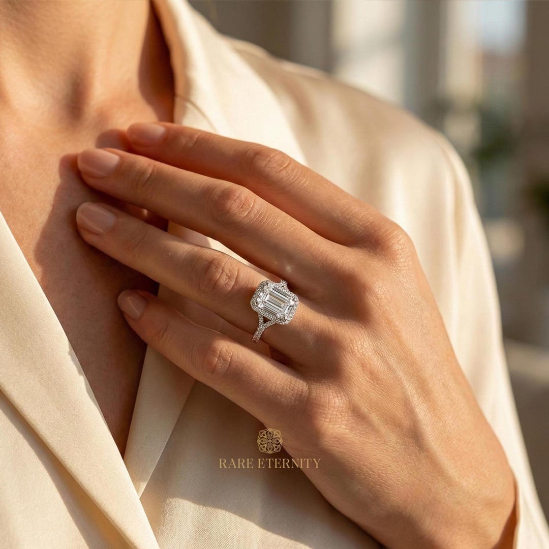 2.20ct Emerald Cut Halo Lab Grown Diamond Engagement Ring • Split Shank ...