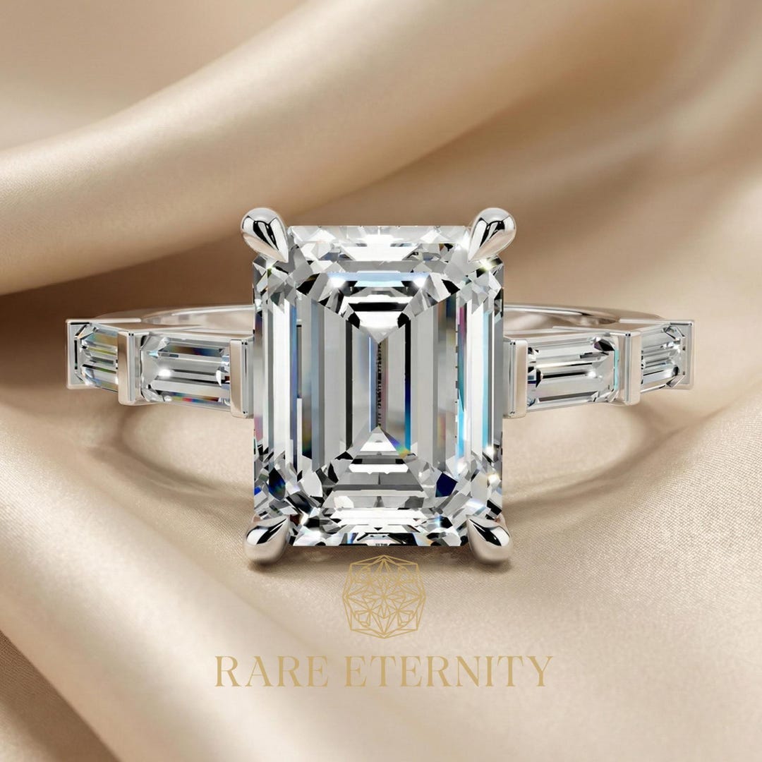 Emerald Cut 3 Carat Lab Diamond Engagement Ring • Baguette Side Hidden ...