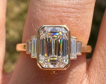 2.5 Carat Emerald Cut Bezel Set Engagement Ring, Five Stone Baguette Ring, Yellow Gold