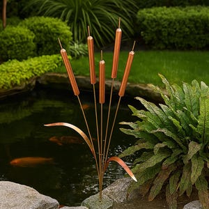 Koperen windgong lisdodde – Rustiek metalen tuinornament voor buiten