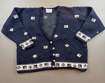 Cárdigan vintage de lana Pendleton para mujer, talla M/L, talla 3XL, manga corta, azul marino, geométrico, años 80 y 90, pura lana virgen, fabricado en EE. UU.