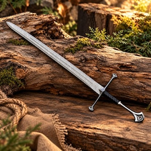 Peut inclure: Une épée en acier à double tranchant avec une lame à motifs, une poignée enveloppée de noir et une garde en argent aux extrémités évasées. Le pommeau est en argent et présente une découpe triangulaire creuse, assortie à la garde.